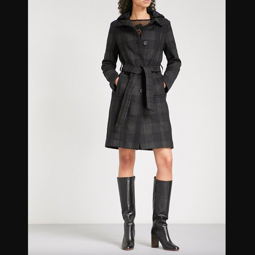 $790 Maje Black Gray Plaid Gobani Check Midi Jacket size FR 36/4